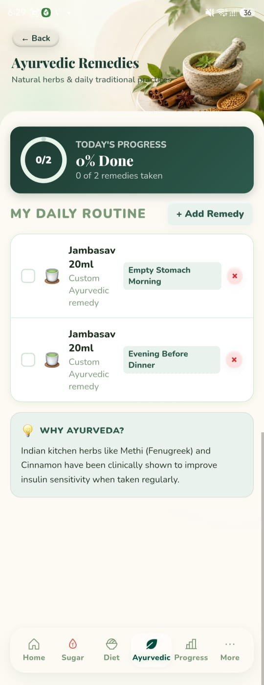 SugarSaathi Ayurveda routine and home-remedy tracker